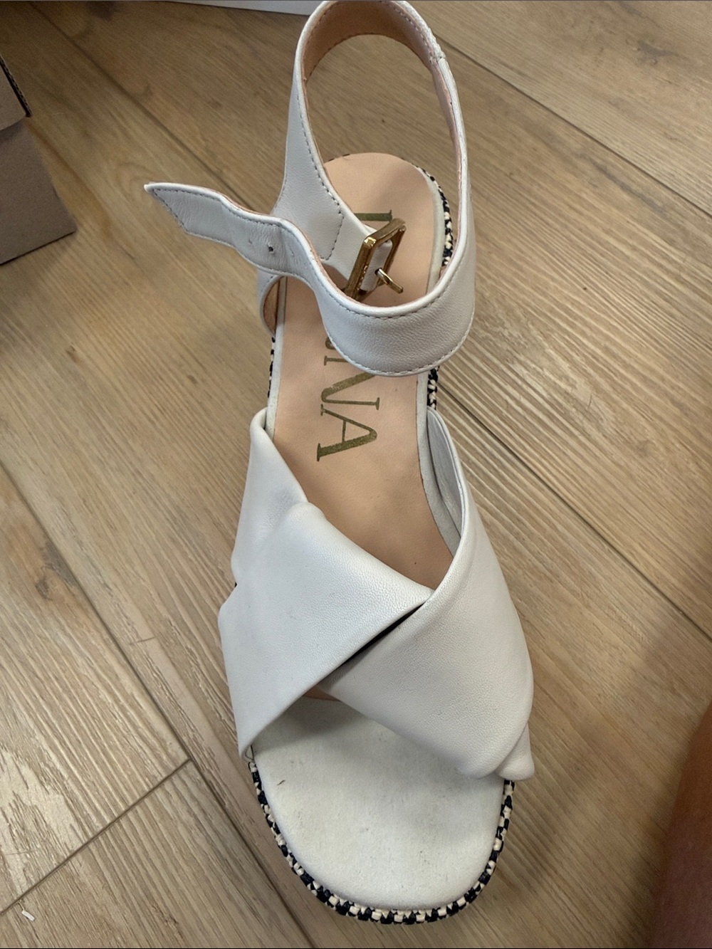 kanna White Crisscross Ankle-Strap Sandal with Gold Buckle